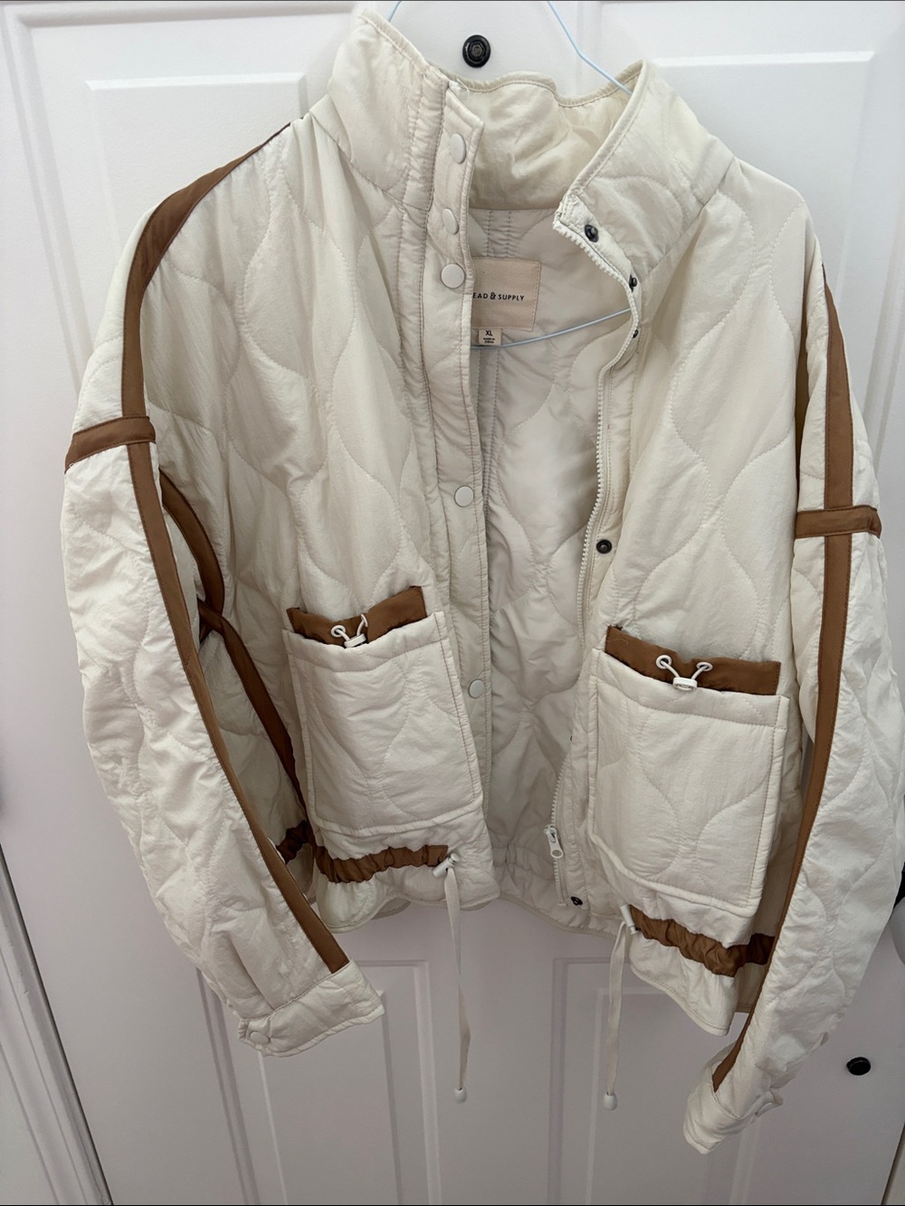 Thread & Supply Cream Quilted Puffer with Brown Trim